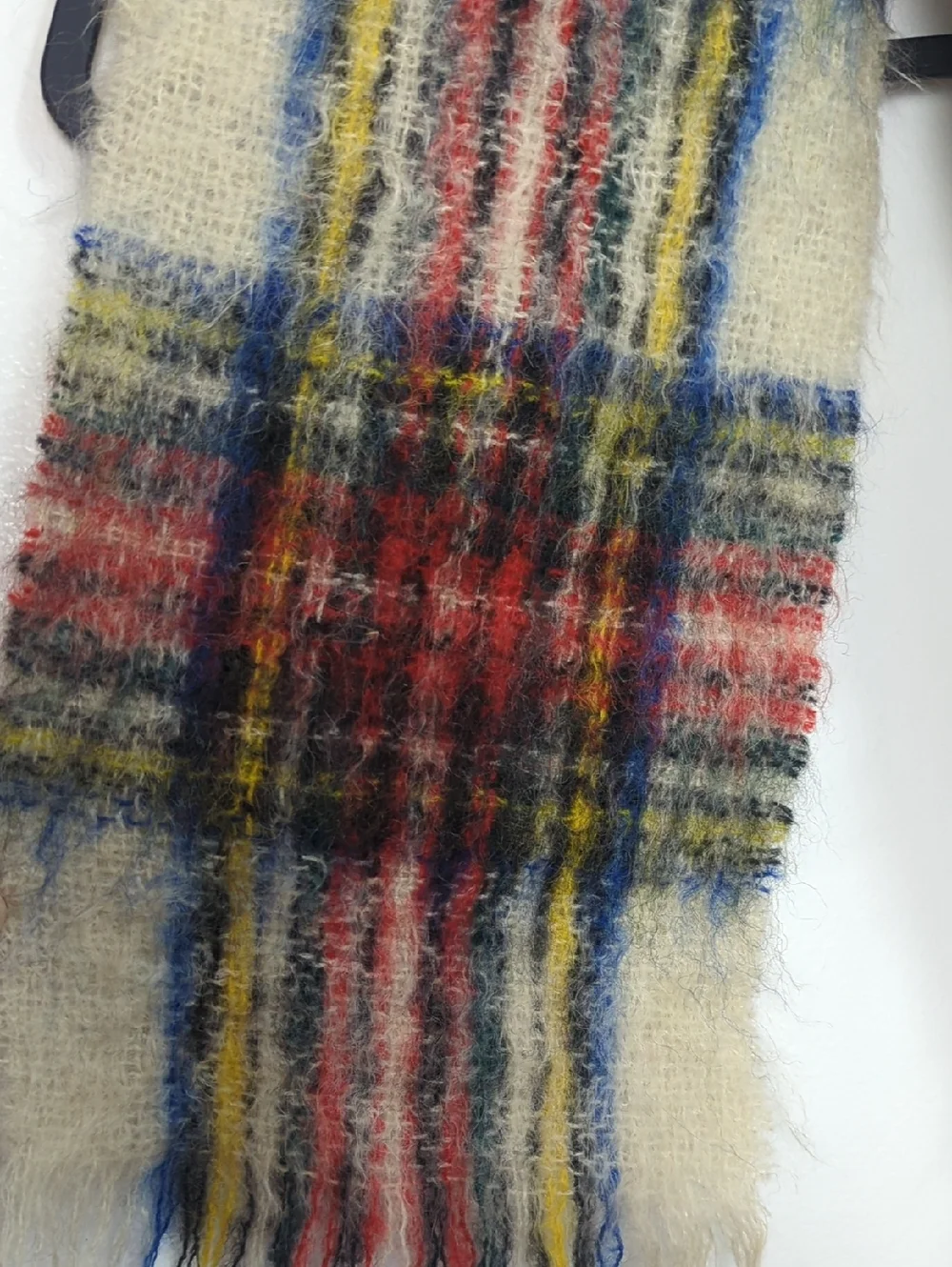 Glentana Wool & Mohair Red Cream Blue Plaid Fringed Scarf Made In Scotland